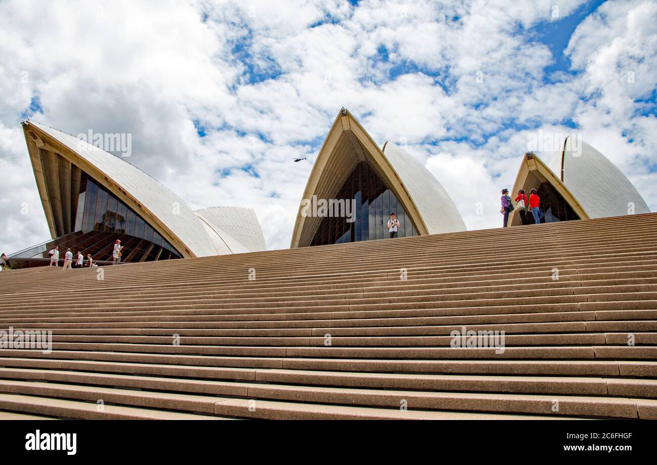 Sydney opera house taken from an unusual vantage point at the front entrance of its magnificent arches, on 13th December, 2014, showing its striking a Stock Photo
