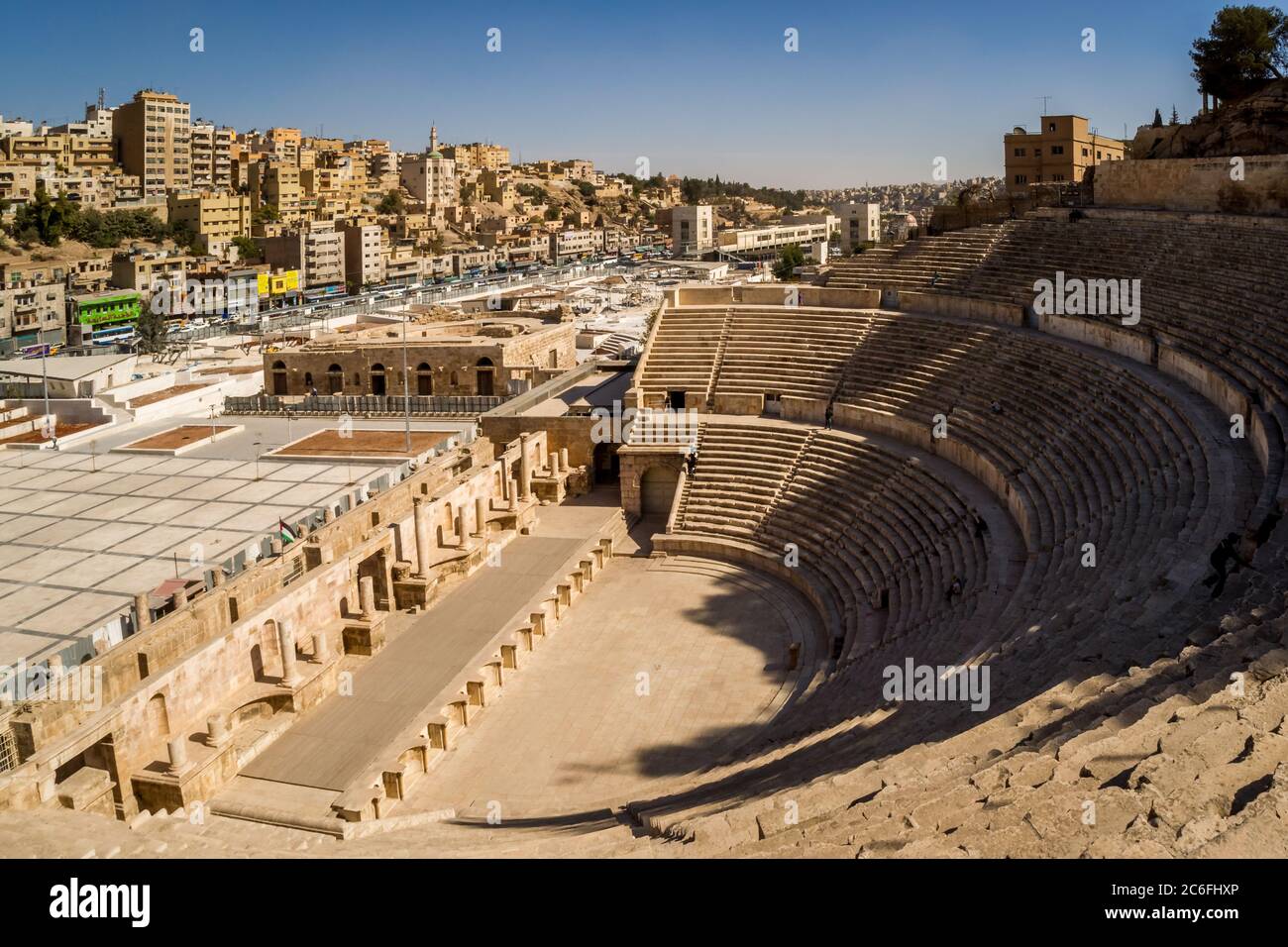 Amman, Jordan - November 2nd, 2011: A view over the remarkable, well-preserved ancient Roman Theatre to Amman downtown Stock Photo