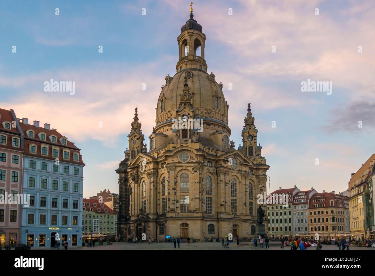 Dresden, Germany - May 18th, 2019: The rebuilt Dresdner Frauenkirche (Church of Our Lady) in the oldtown at an enjoyable springtime evening. Stock Photo
