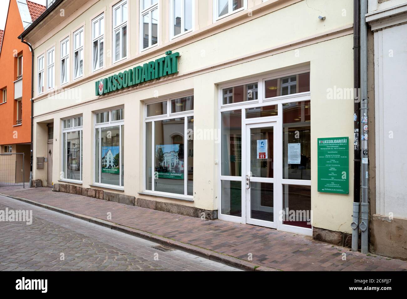 Volkssolidarität office in Güstrow, Germany. The Volkssolidarität is an aid organization founded in Dresden in October 1945. Stock Photo