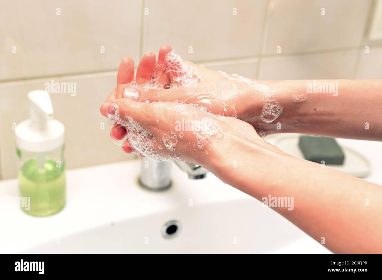Washing hand with soap for cleaning from viruses. Stock Photo