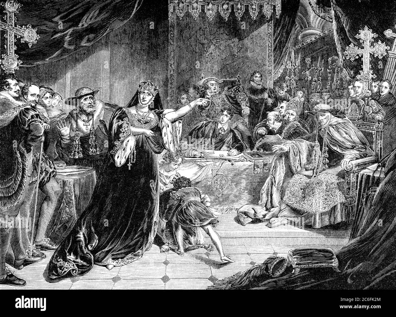 An engraved vintage illustration image of the trial of Catherine Of ...