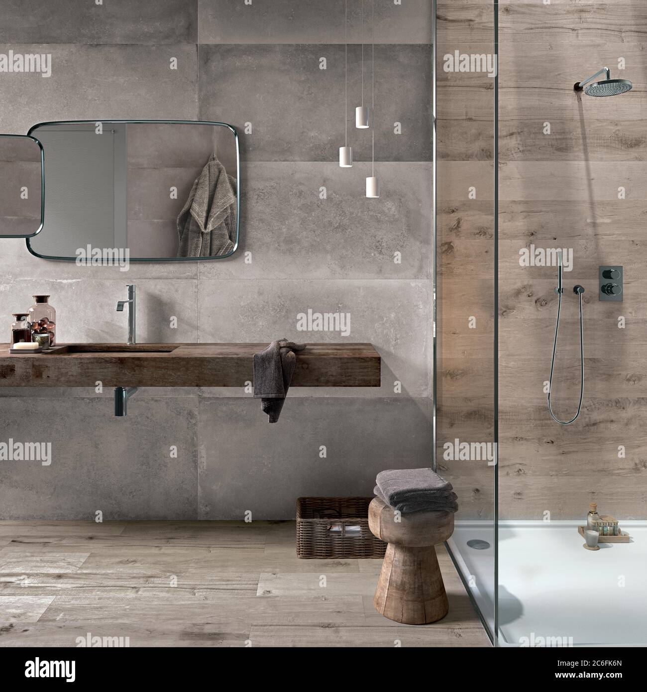 Modern interior design of bathroom with grey cement tiles, seamless ...