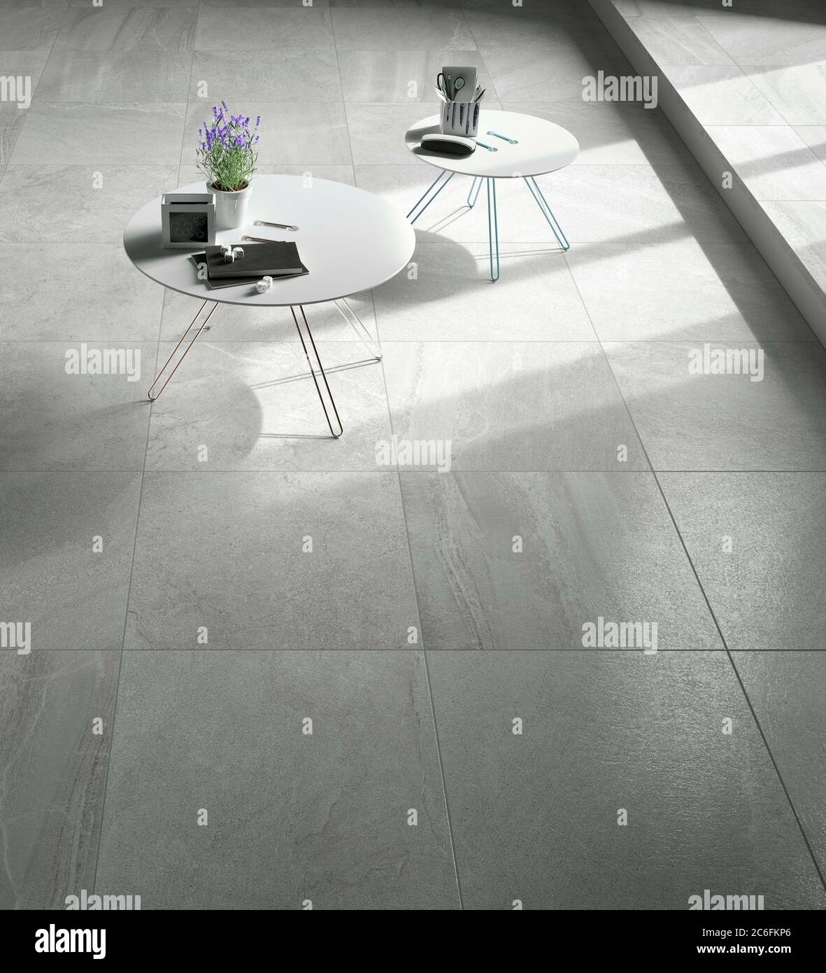 Modern interior design of room with grey cement tiles, seamless design ...