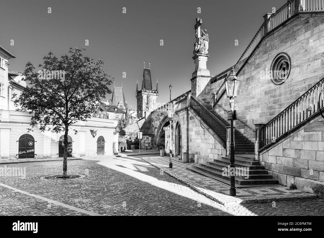 Historical staircase from Kampa to Charles Bridge, Prague, Czech Republic. Black and white image. Stock Photo