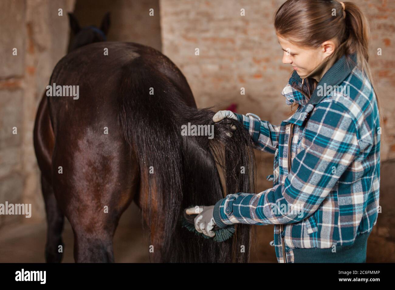 Love to the animals. A young girl in a blue checkered trowel is