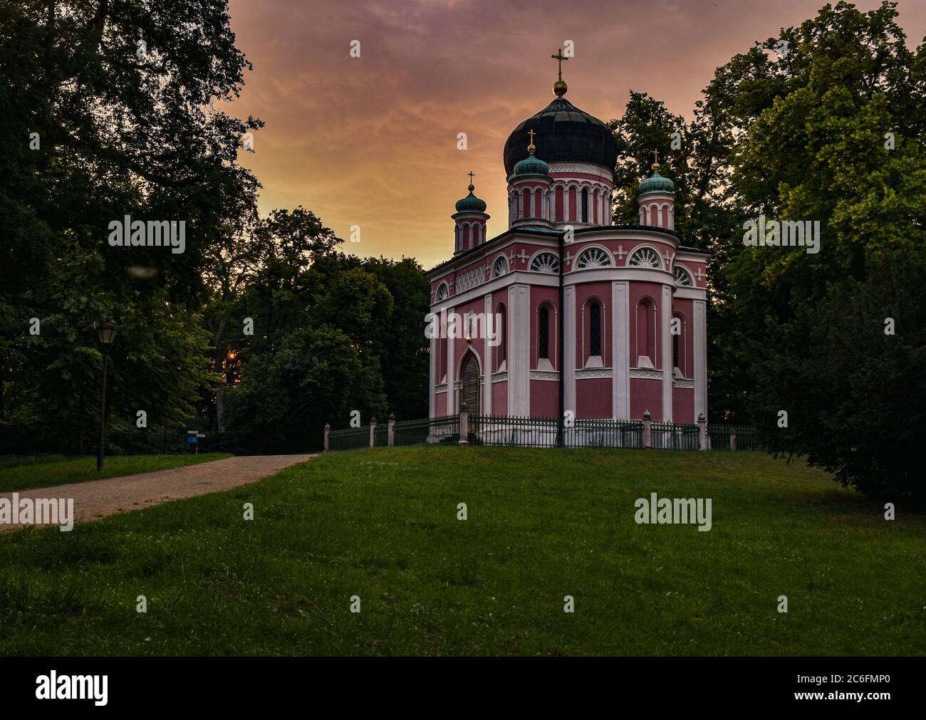 Alexander Nevski Church in the Russian Colony Alexandrovka in Potsdam in the evening Stock Photo