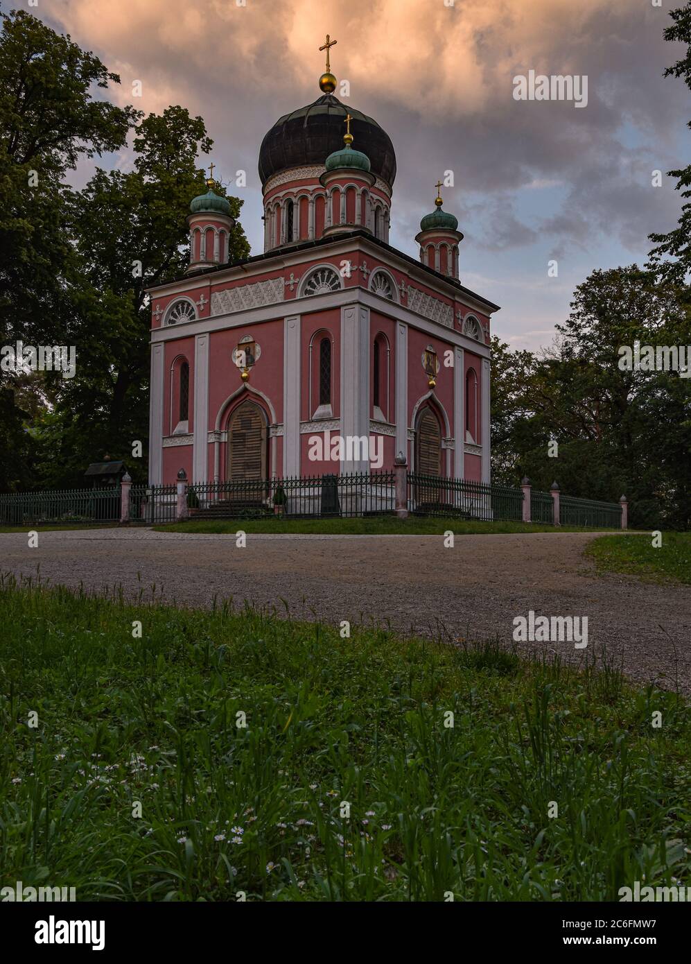 Alexander Nevski Church in the Russian Colony Alexandrovka in Potsdam in the evening Stock Photo