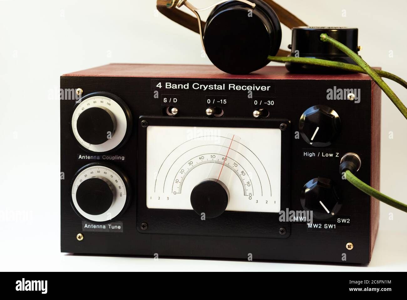 A homebrew crystal radio receiver with vintage headphones Stock Photo
