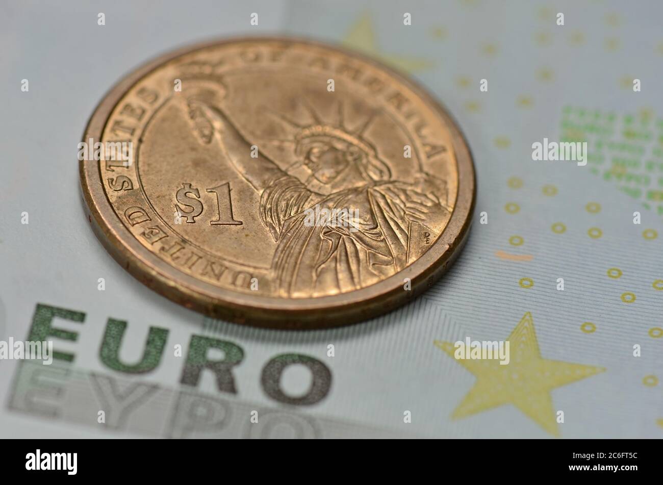 One USA dollar on euro banknote Stock Photo