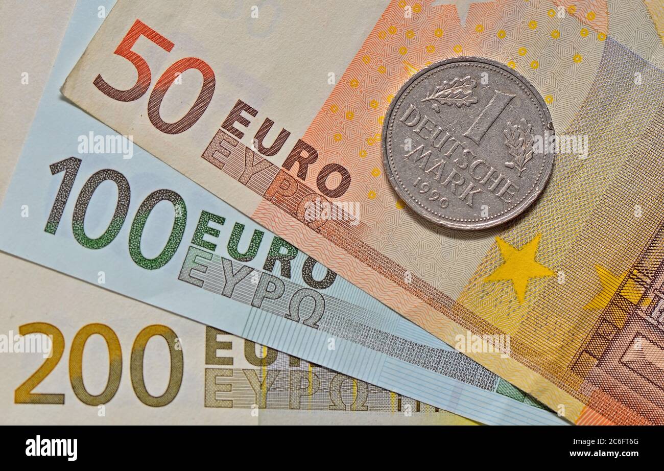 1 Deutsche Mark on Euro Banknotes Stock Photo