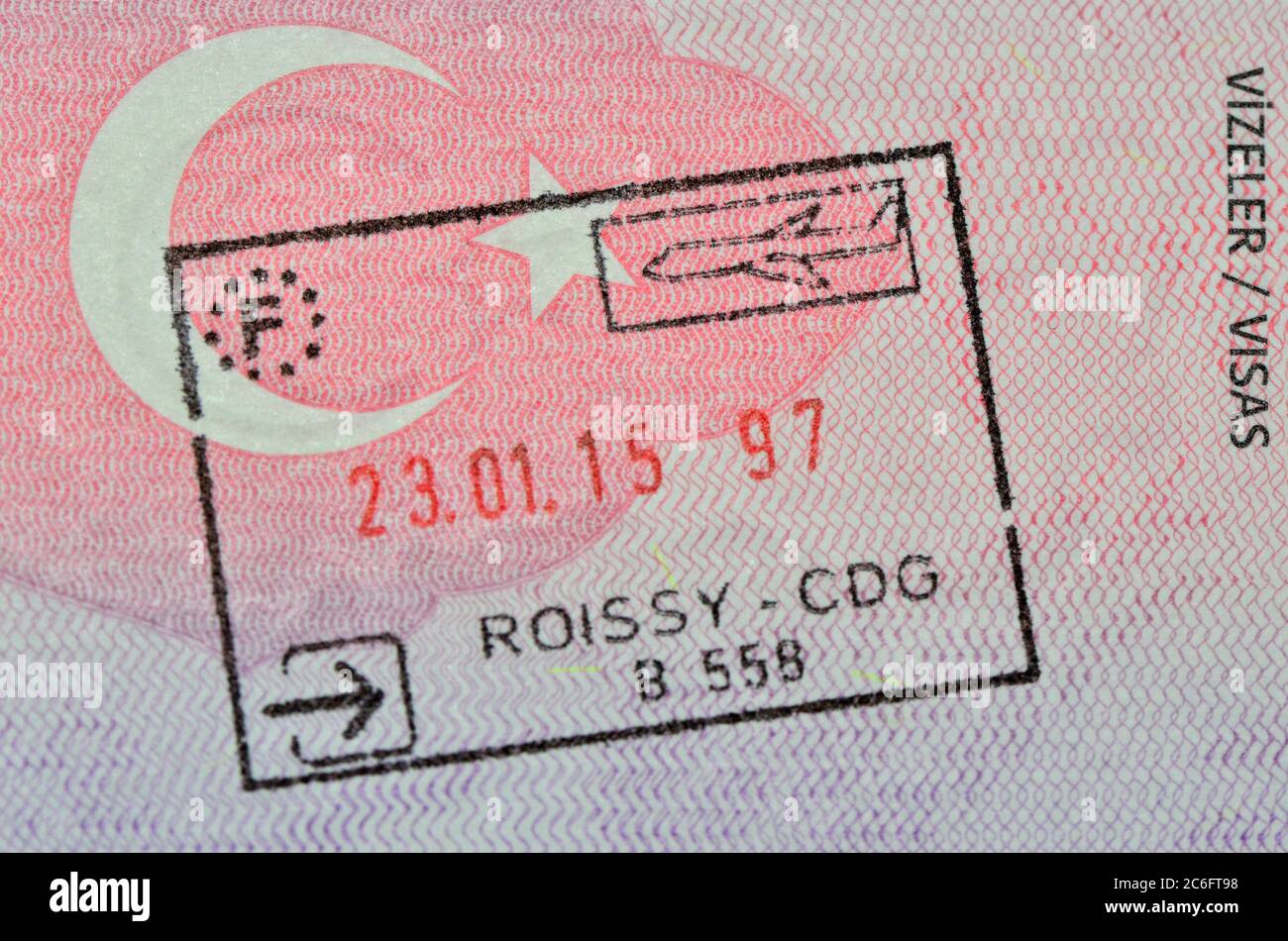 Entrance of schengen area stamp on Turkish passport Stock Photo