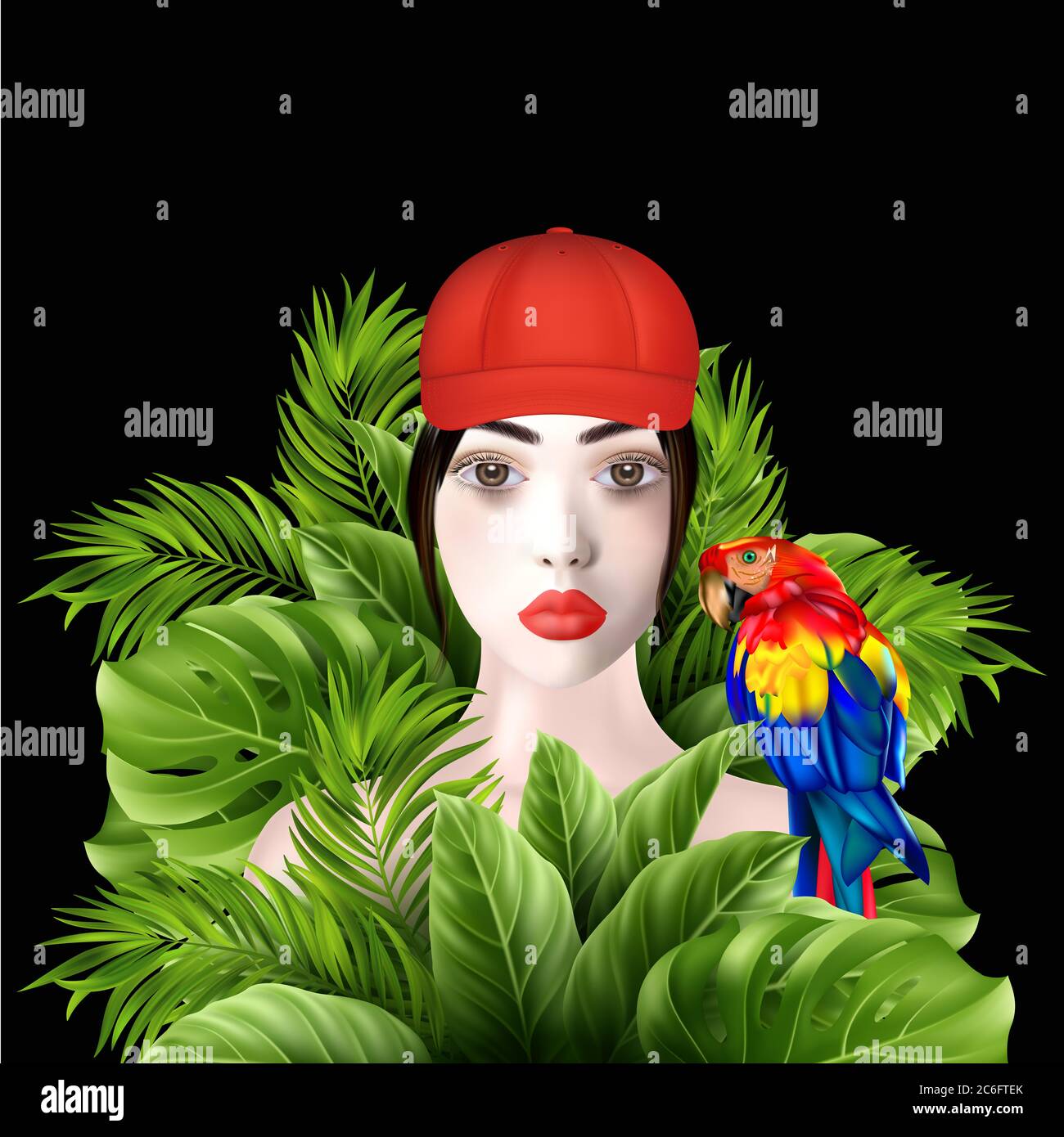 Realistic portrait of female explorer or traveler with parrot between tropical leaves. 3D illustration isolated on black background. Stock Photo