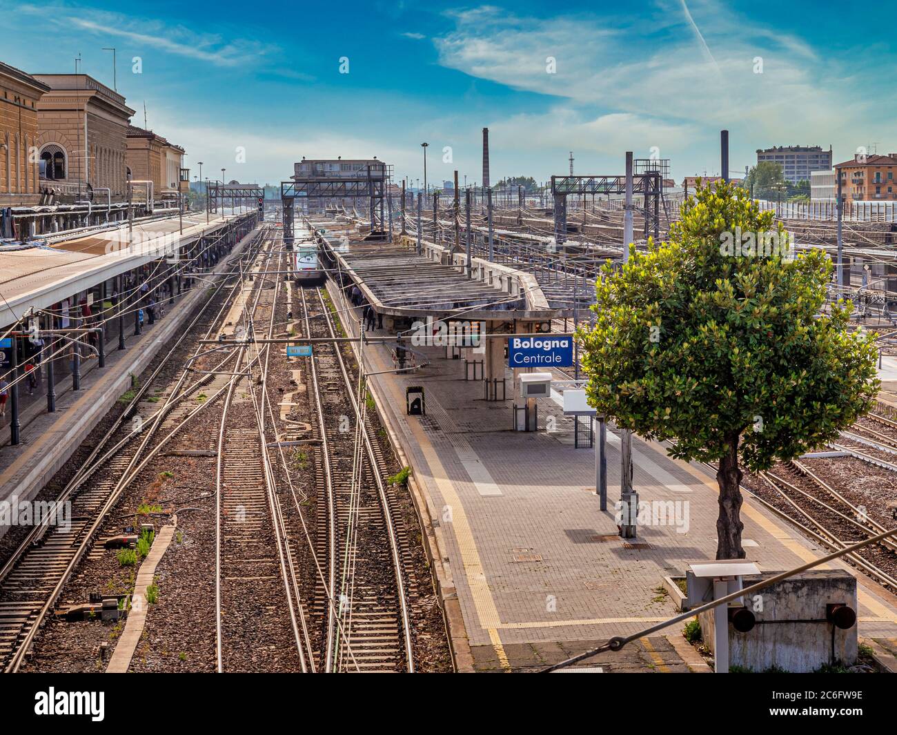 Platforms of Bologna Centrale railway station seen from Via Giacomo Matteotti. Italy. Stock Photo