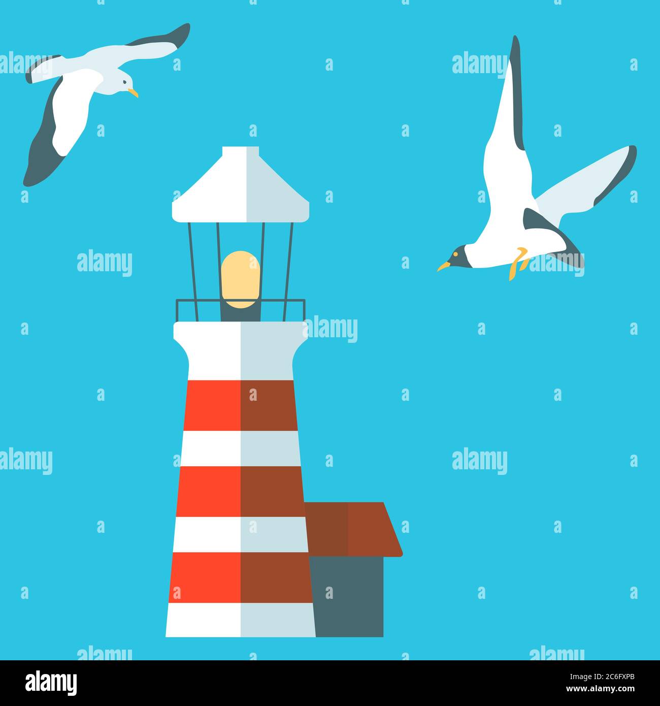 Vintage lighthouse on blue backdrop. Beacon and seagull for invitation or gift card, sailing club logo, notebook sticker, bath tile. Phone case or clo Stock Vector