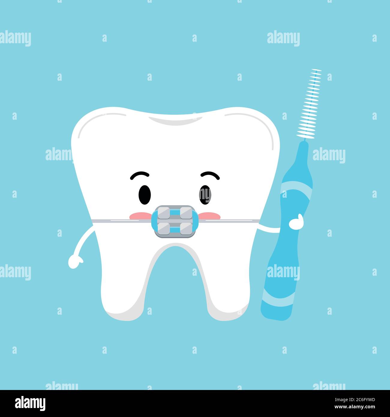 Cute tooth with dental braces and interdental brush in hand hygiene ...