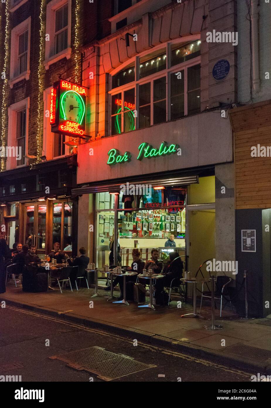 Bar Italia, Frith Street, Soho London. Traditional and famous Italian coffee shop sign and cafe Stock Photo