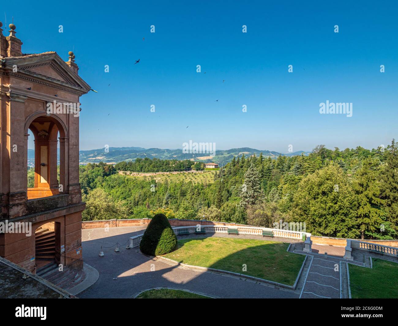 Italian countryside seen from the Sanctuary of the Madonna di San Luca, Bologna, Italy. Stock Photo