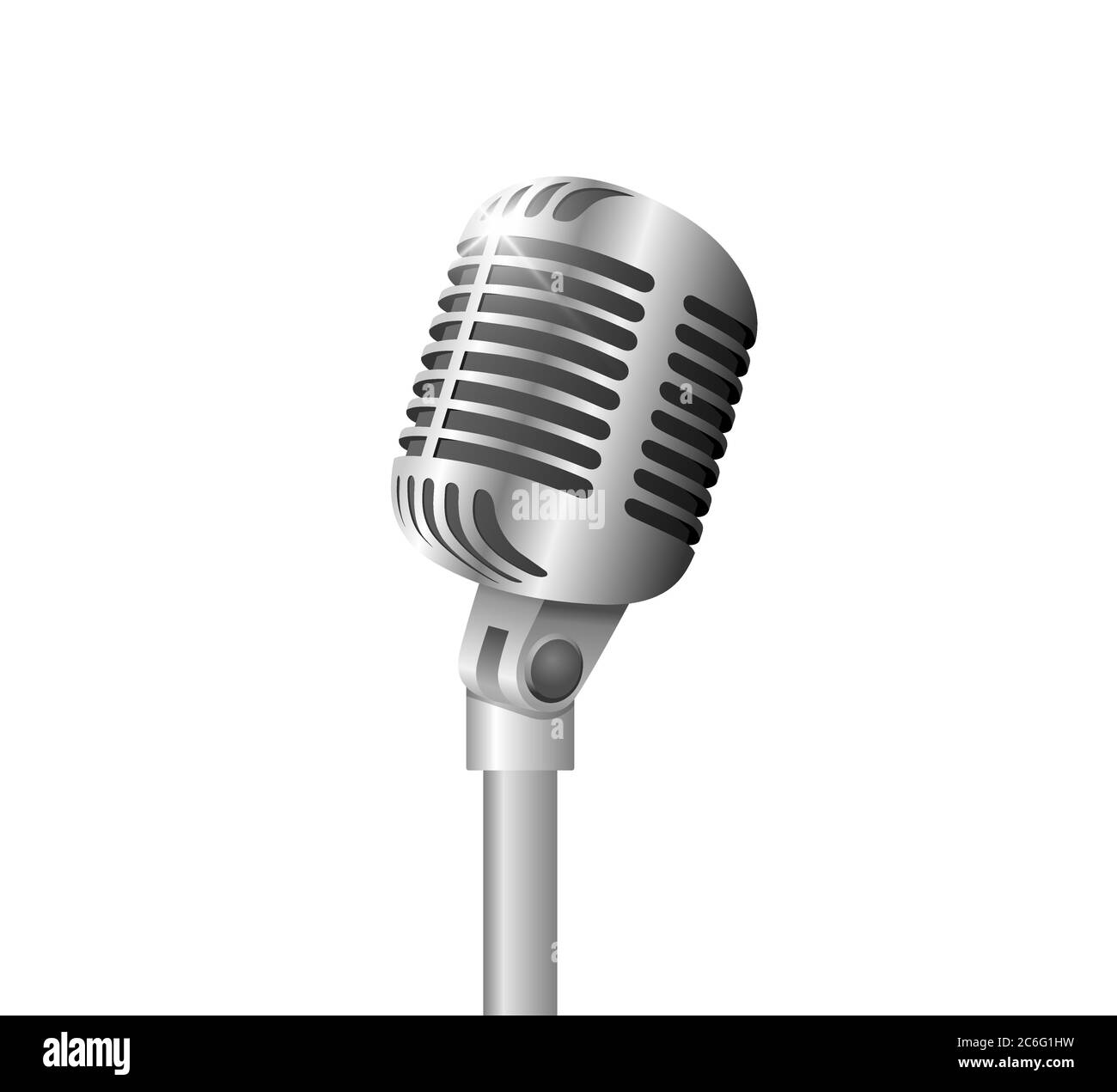 Retro vintage metal microphone on stand on white background. Mic with flare. Music, voice, record icon. Recording studio symbol. Realistic silver style vector eps illustration Stock Vector
