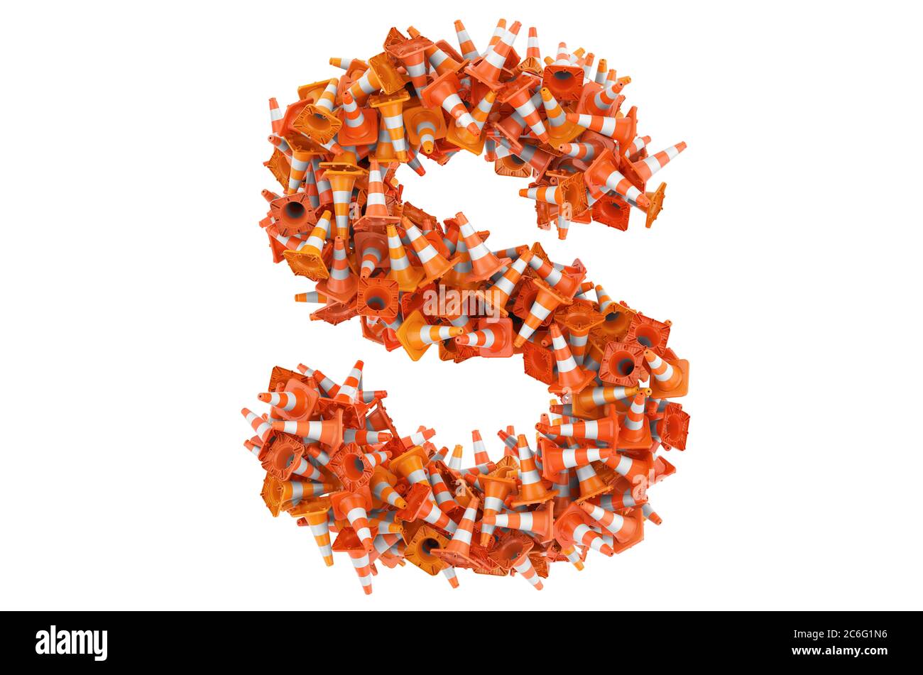Letter S from traffic cones, 3D rendering isolated on white background