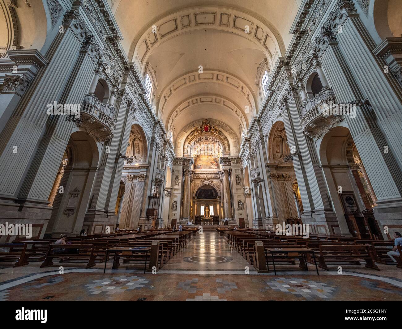 Interior shot of the aisle of Cathedral of San Pietro. Bologna, Italy. Stock Photo