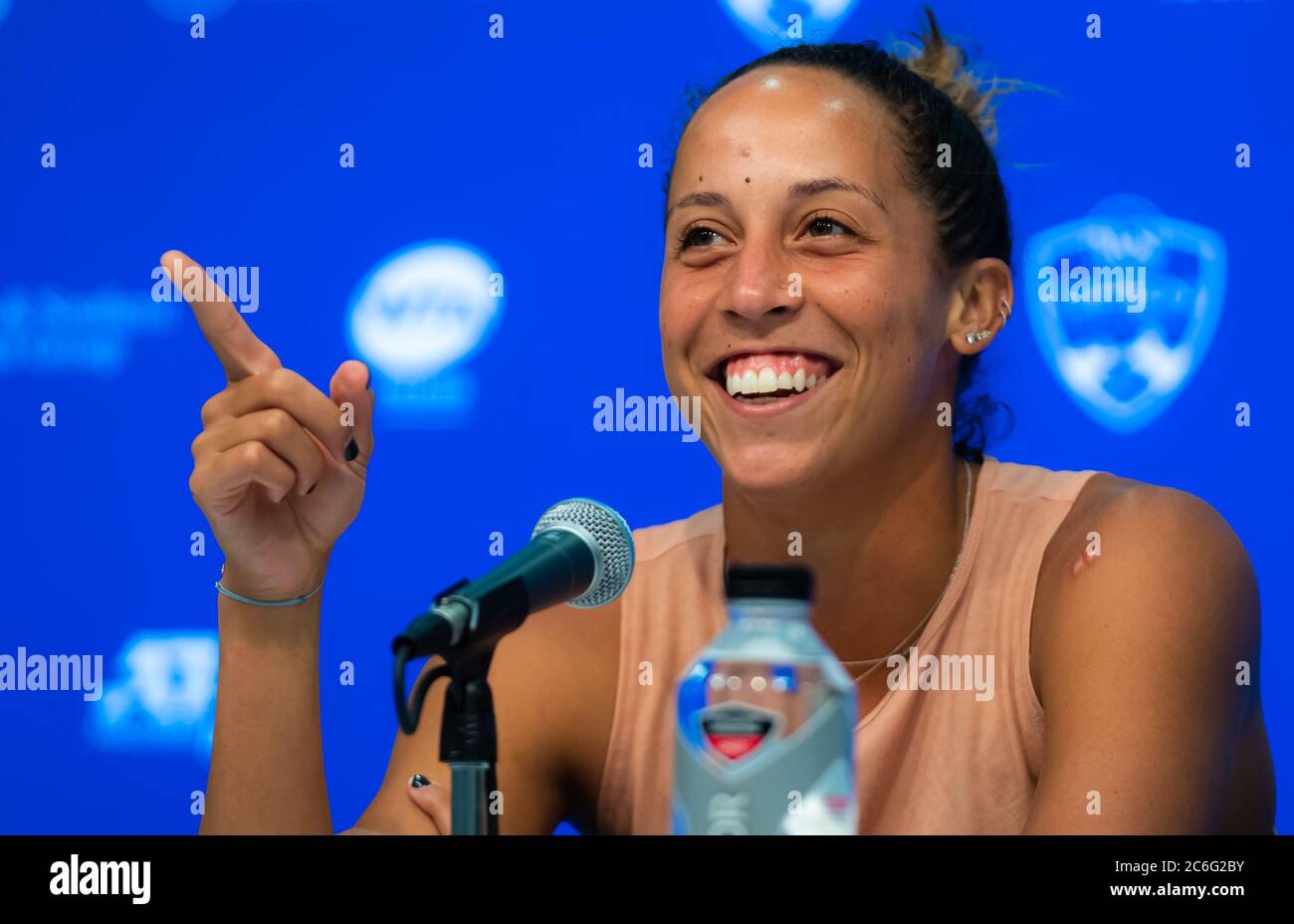 Madison Keys of the United States talks to the media after winning her