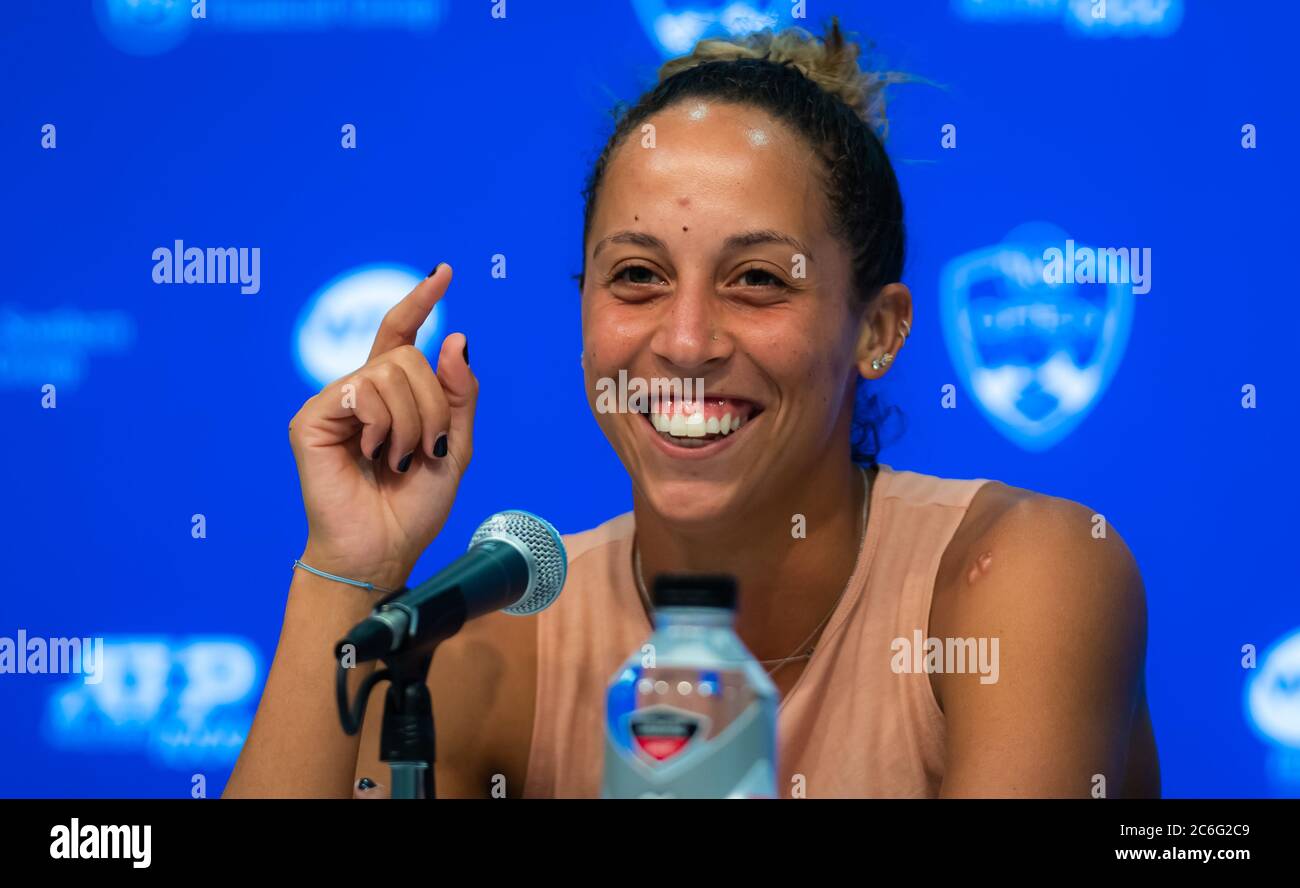 Madison Keys of the United States talks to the media after winning her