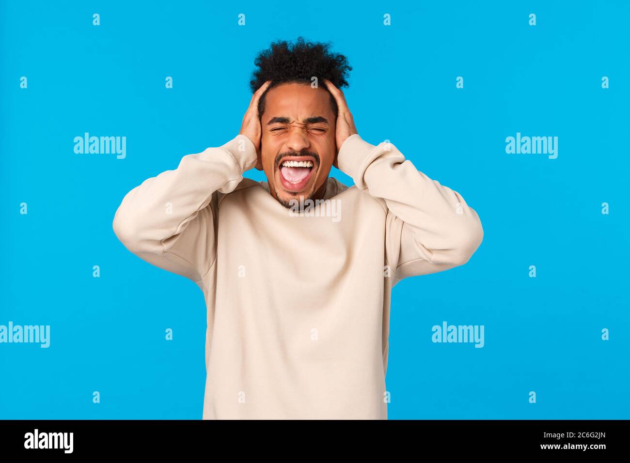 Depression, mental health and people concept. Tired and distressed tensed african-american young man suffering breakdown, fed up, cant control Stock Photo