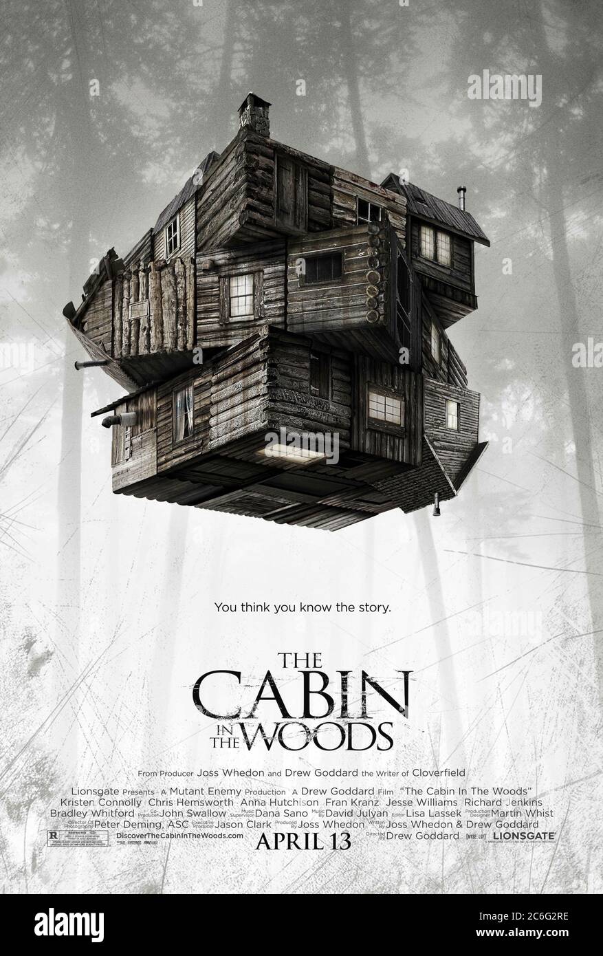 The Cabin in the Woods (2011) directed by Drew Goddard and starring Kristen Connolly, Chris Hemsworth, Anna Hutchison and Fran Kranz. Five teenagers stay in a remote cabin where they are manipulated and encounter a variety of monsters. Stock Photo