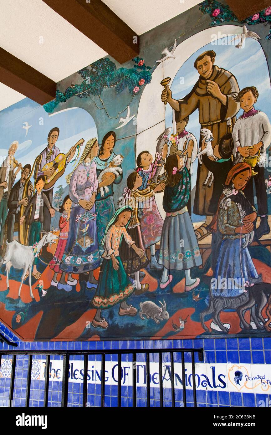 Blessing of the animals mural on the Instituto Cultural Mexicano, El Pueblo de Los Angeles, California, USA, North America Stock Photo