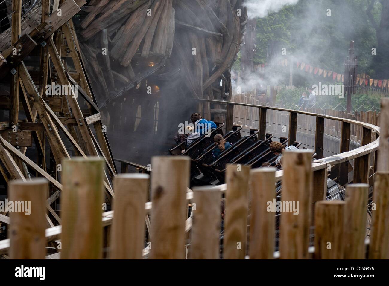 Alton, UK. 9th July 2020. Thrill seekers wear face masks while riding the Wickerman roller coaster after the park opens after the lifting of Covid-19/ Coronavirus lockdown restrictions. Credit: Jason Chillmaid/Alamy Live News Stock Photo