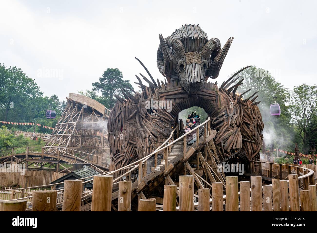 Alton, UK. 9th July 2020. Thrill seekers wear face masks while riding the Wickerman roller coaster after the park opens after the lifting of Covid-19/ Coronavirus lockdown restrictions. Credit: Jason Chillmaid/Alamy Live News Stock Photo