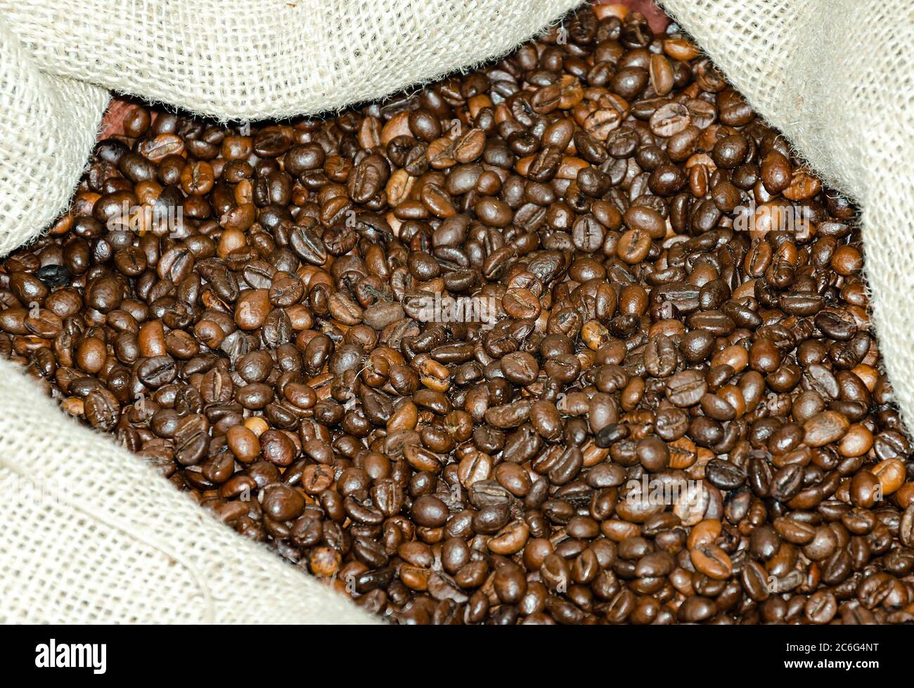 coffee beans, brown in burlap from natural threads, close-up Stock Photo