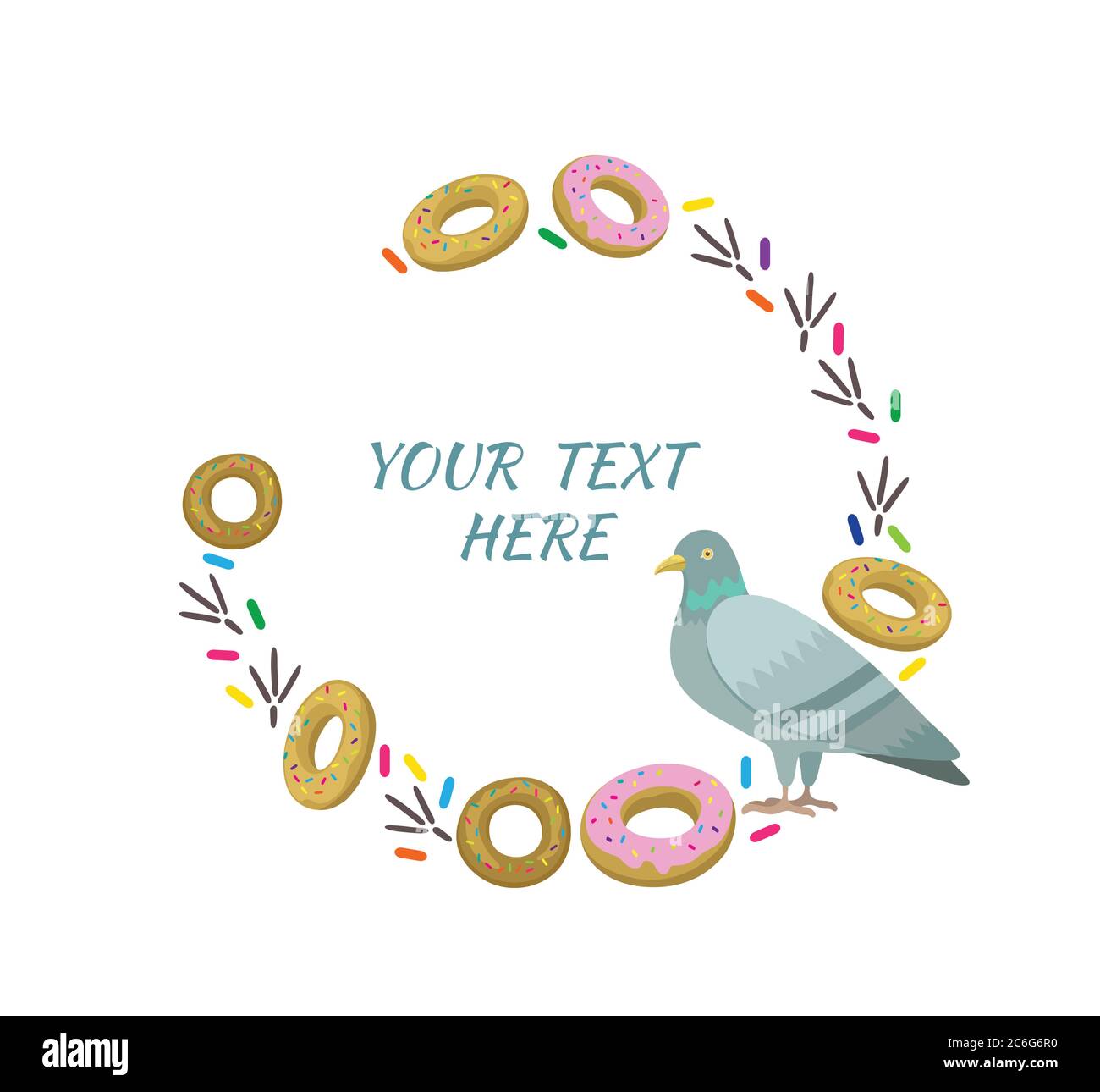 Original vector frame with pigeon and donuts. Stock Vector