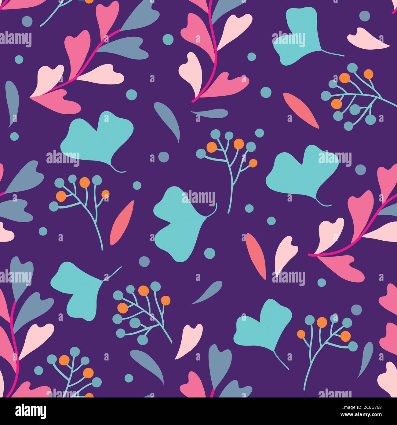 Seamless pattern with plants branches, leaves and berries. Vector illustration Stock Vector