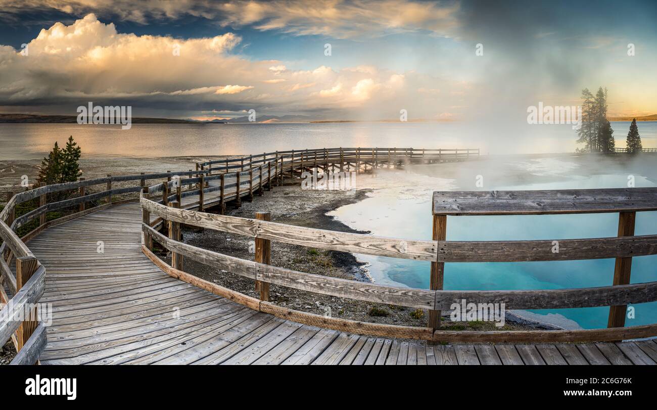 Beautiful evening in West Thumb Geyser Basin with Yellowstone Lake in the bacground. Stock Photo