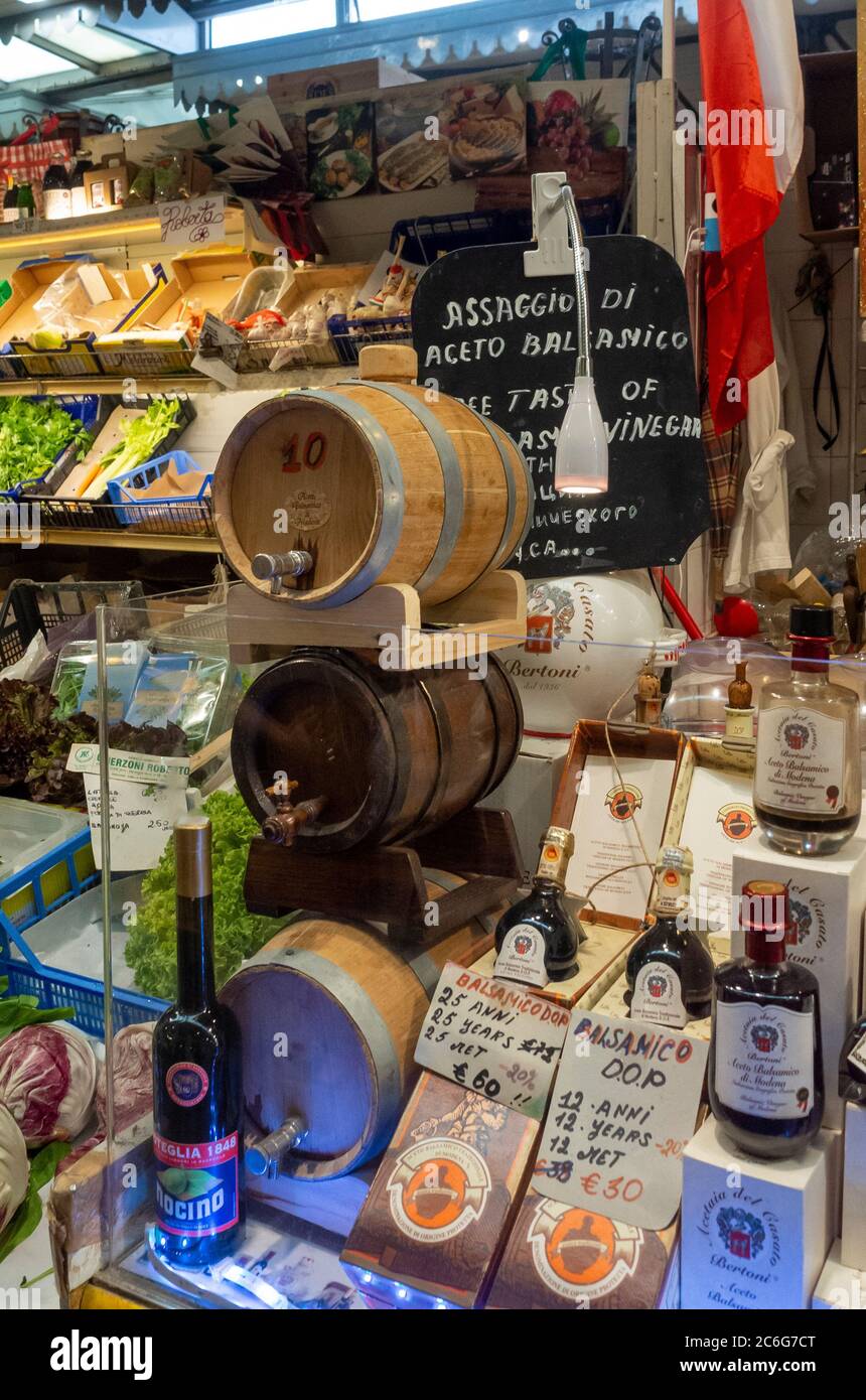 Balsamic vinegar stall at Mercato Albinelli, Modena, Italy. Stock Photo