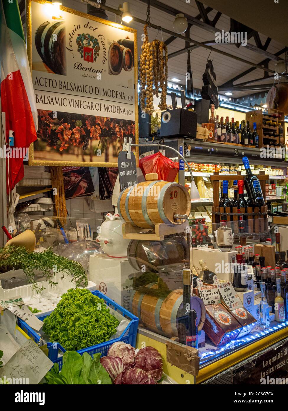 Balsamic vinegar stall at Mercato Albinelli, Modena, Italy. Stock Photo