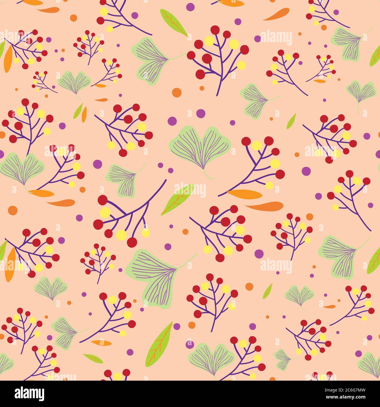 Seamless pattern with plants branches, leaves and berries. Vector illustration Stock Vector