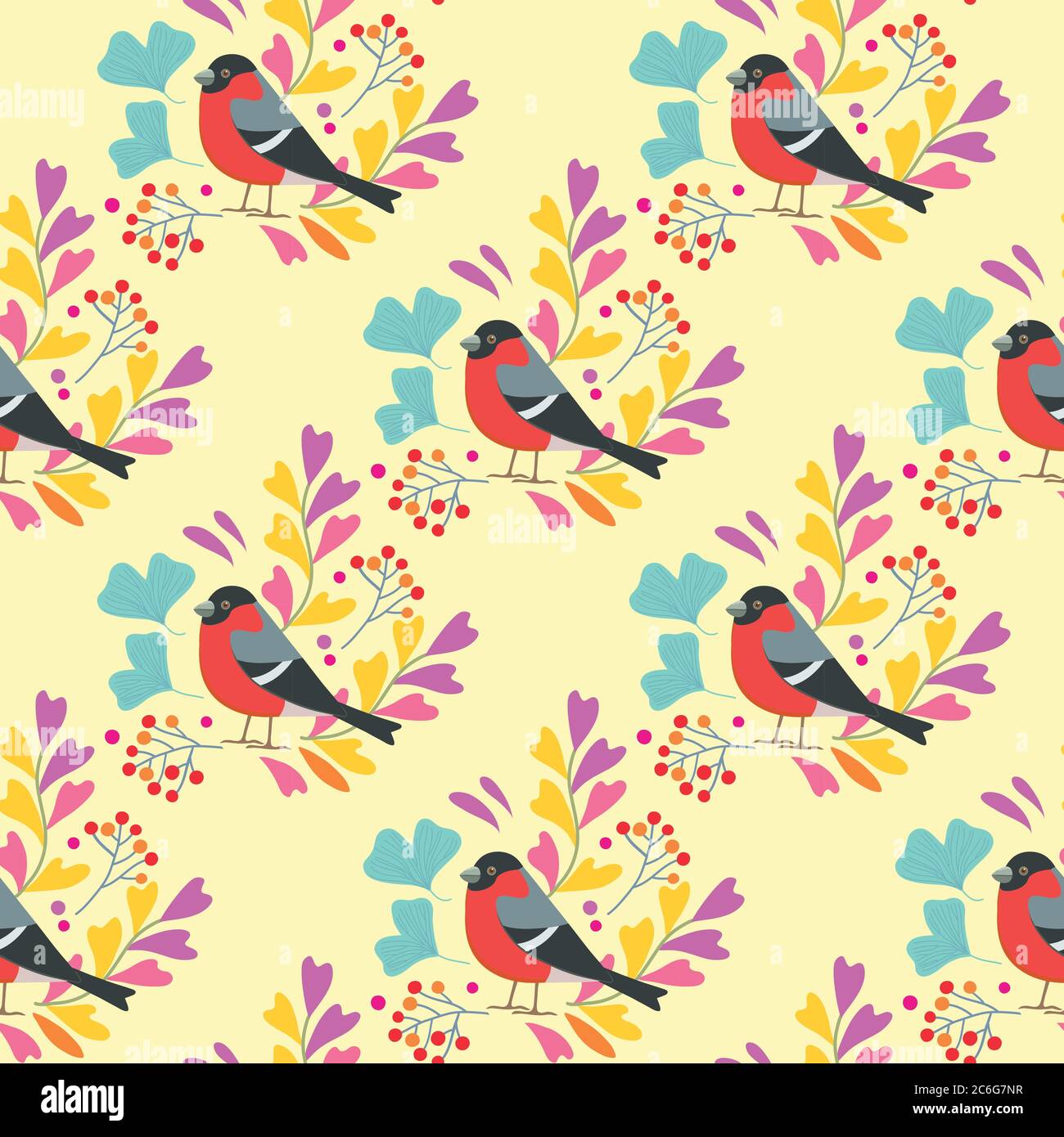 Seamless pattern with cute birds, leaves and berries. Vector illustration. Stock Vector