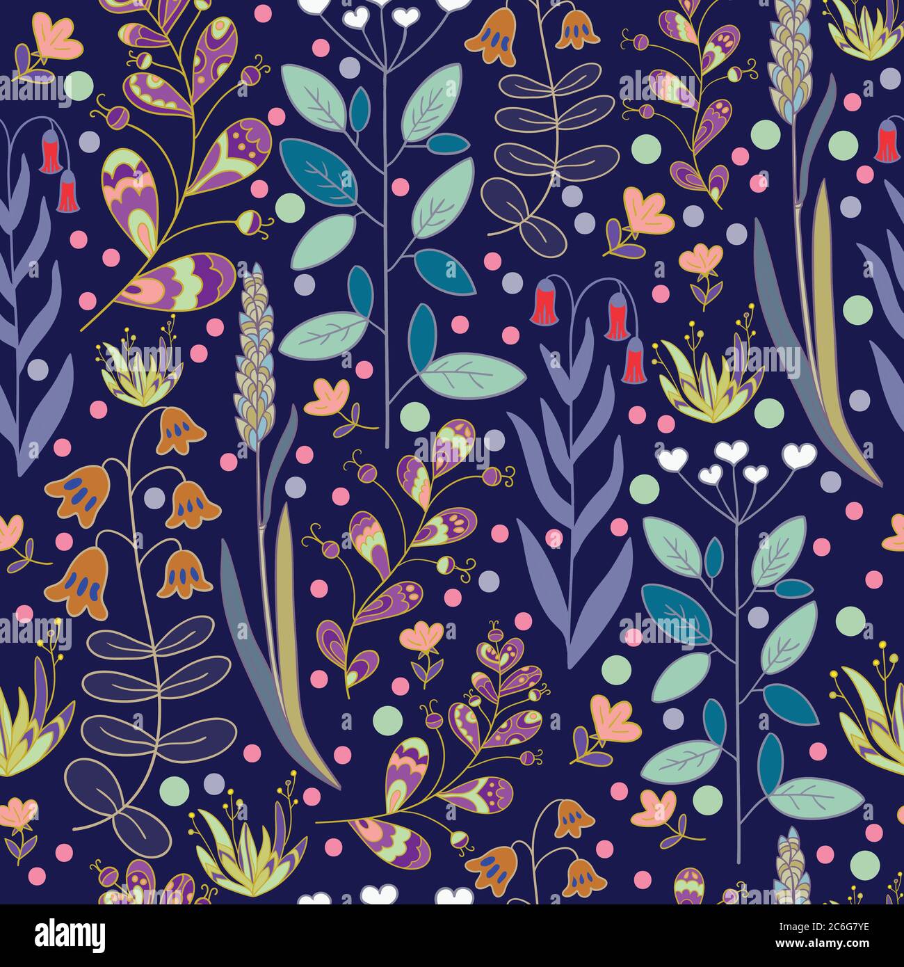 Seamless pattern with plants branches, leaves and berries. Vector illustration Stock Vector
