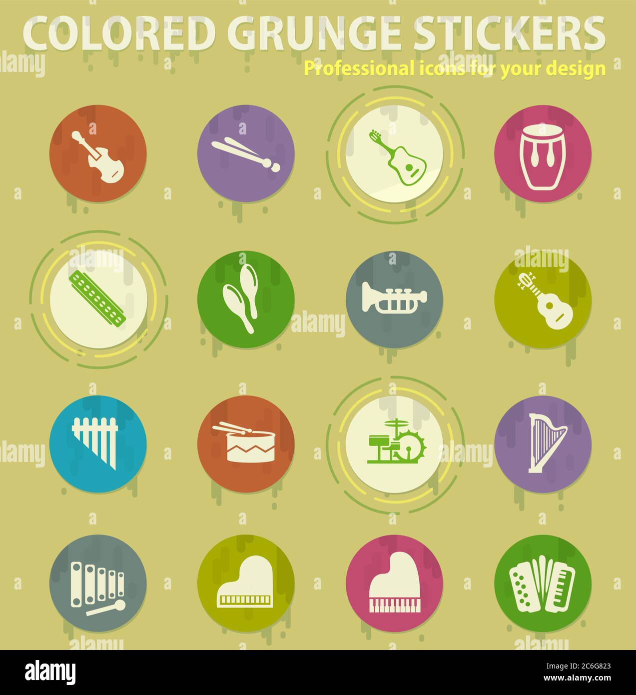 musical instruments colored grunge icons Stock Vector