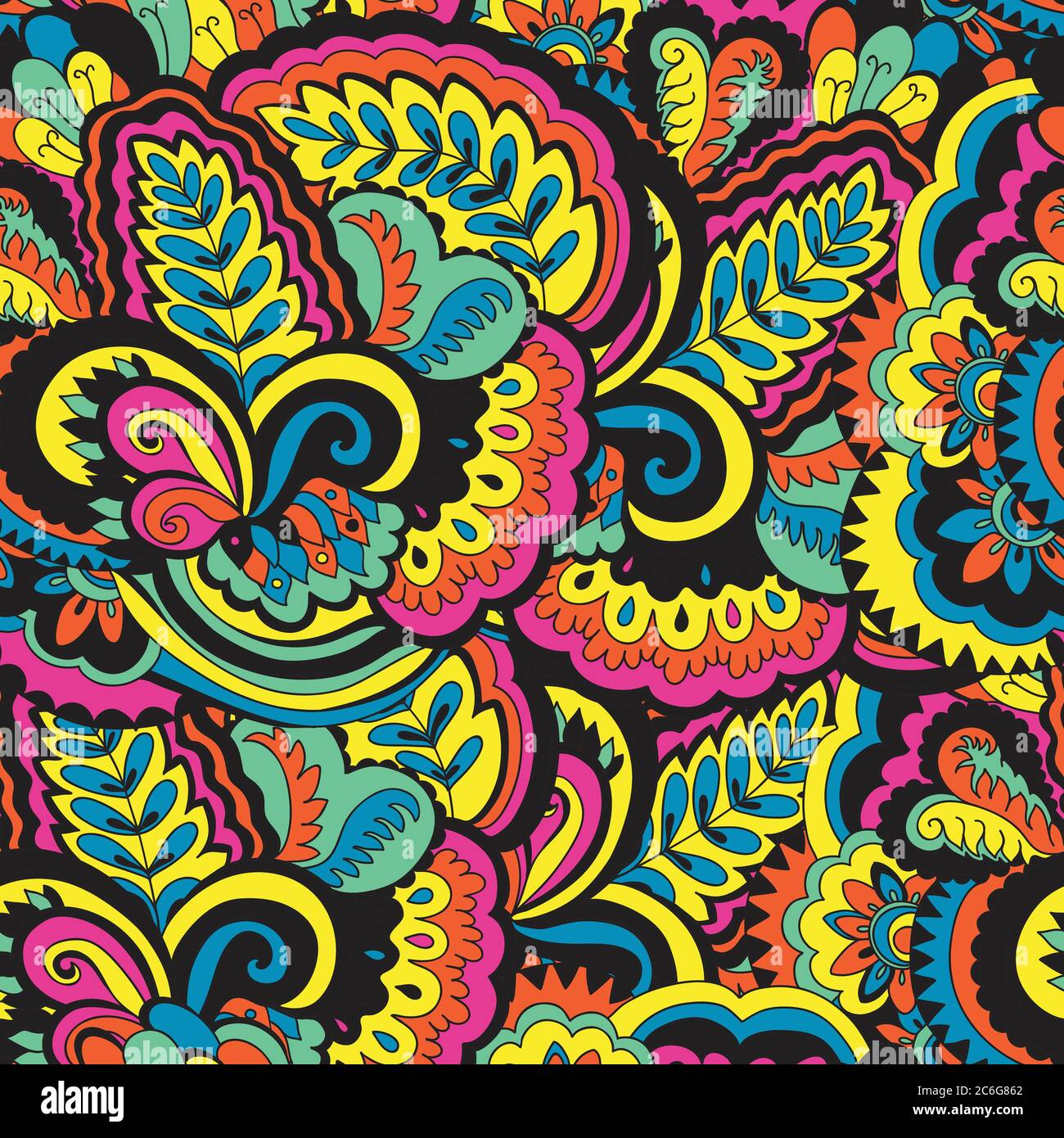 Colorful seamless pattern with plants and floral elements. Bright psychedelic background. Vector illustration.  Stock Vector