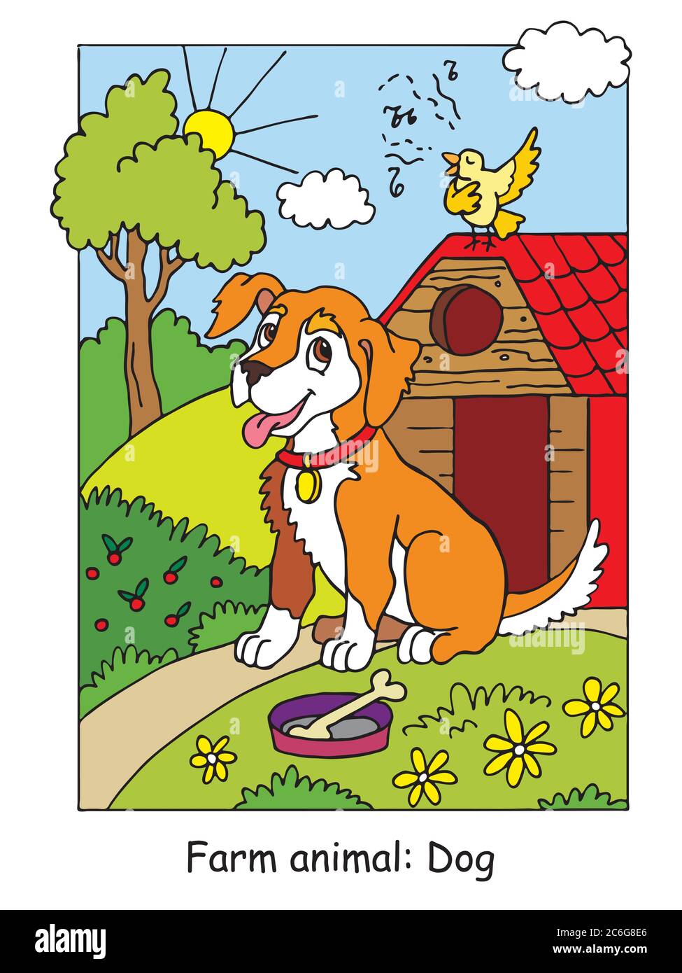 Coloring pages with cute dog listening a song of a bird ...
