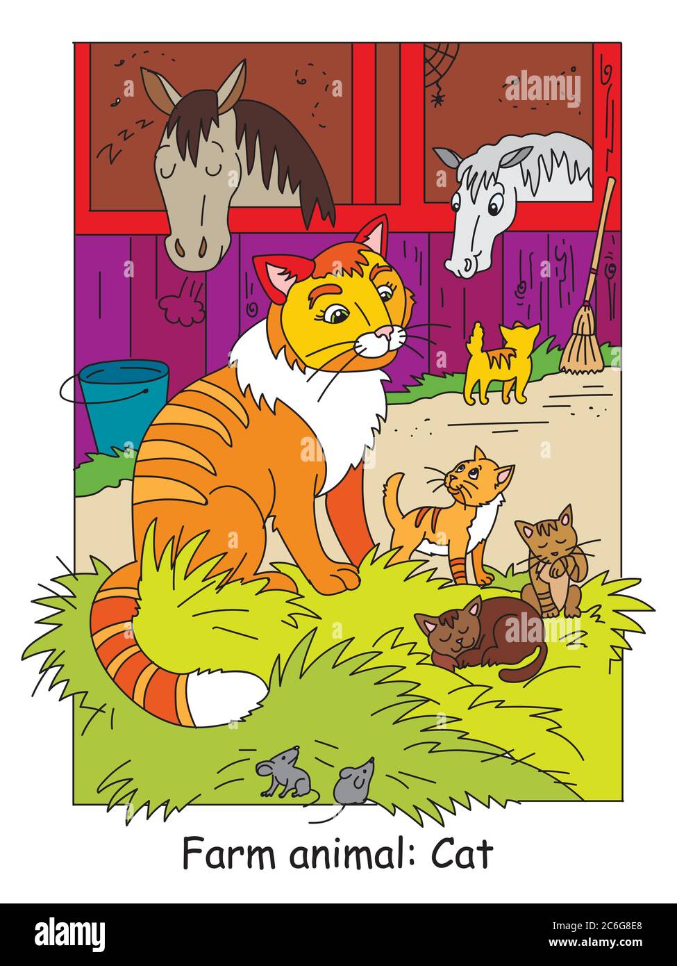 Coloring pages with cute cat and little kittens on the farm. Cartoon vector illustration. Stock illustration for design, preschool education, print an Stock Vector