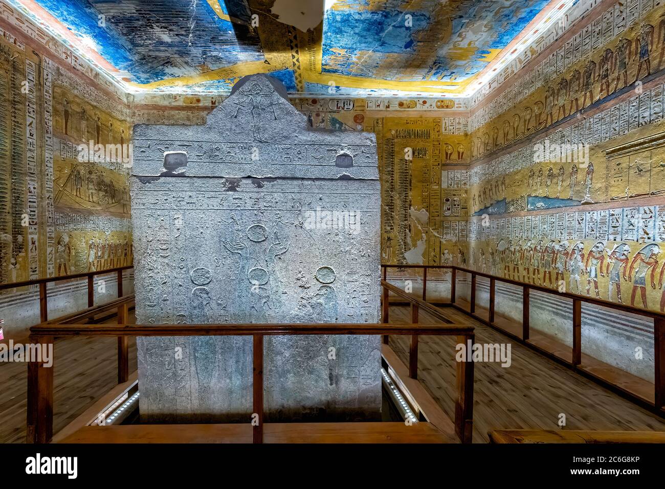 Image of the goddess Nut, stretched across the blue ceiling of the burial chamber, above the sarcophagus in KV 2 the tomb of Ramses IV Stock Photo