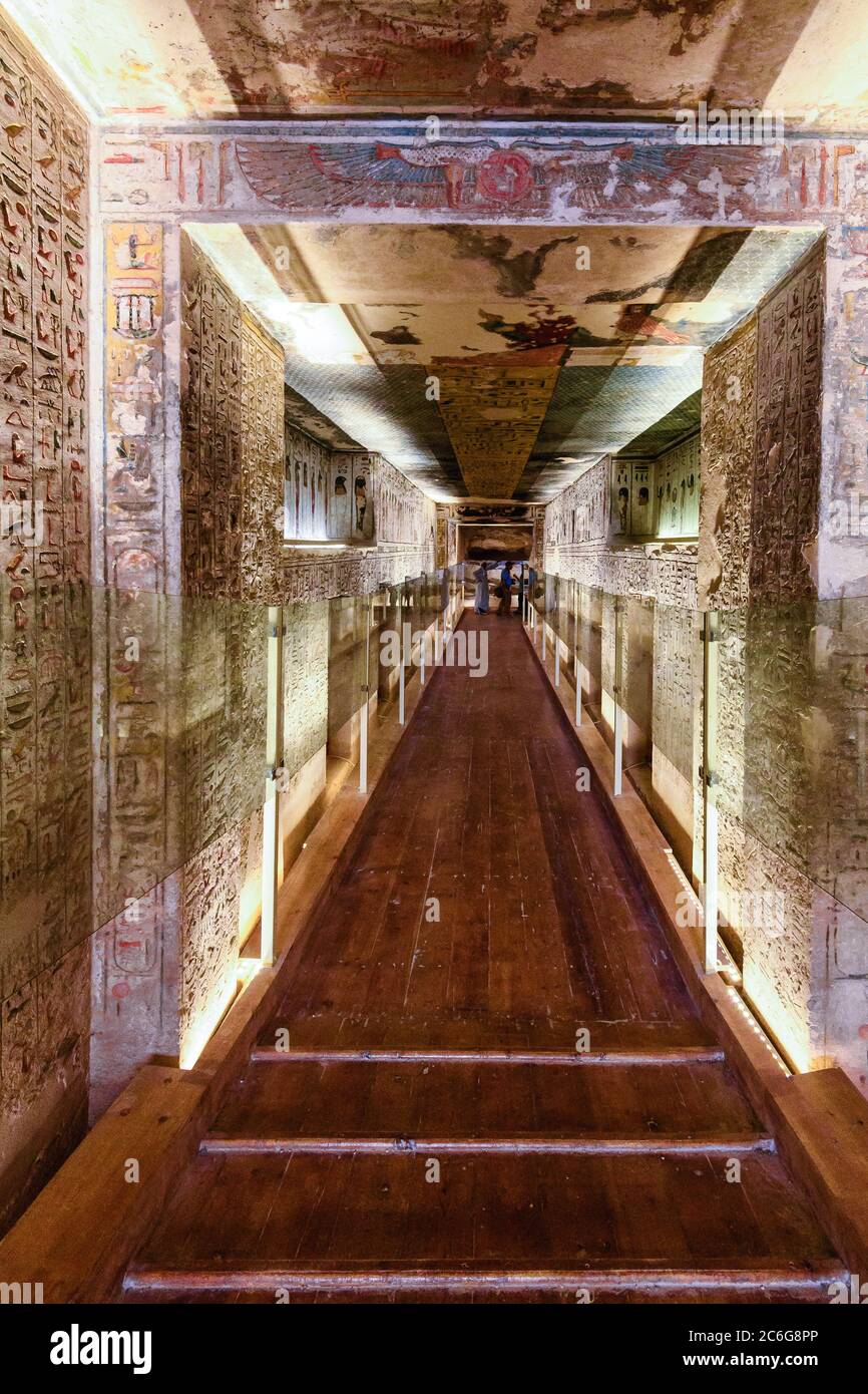 Glass panels protect the hieroglyphics on the walls of the corridors in KV 11, the tomb of Egyptian Pharaoh Ramesses III Stock Photo