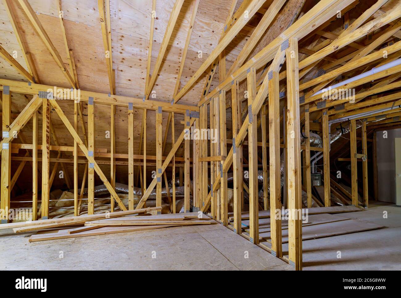 Frame walls beam built framework frame house attic under construction