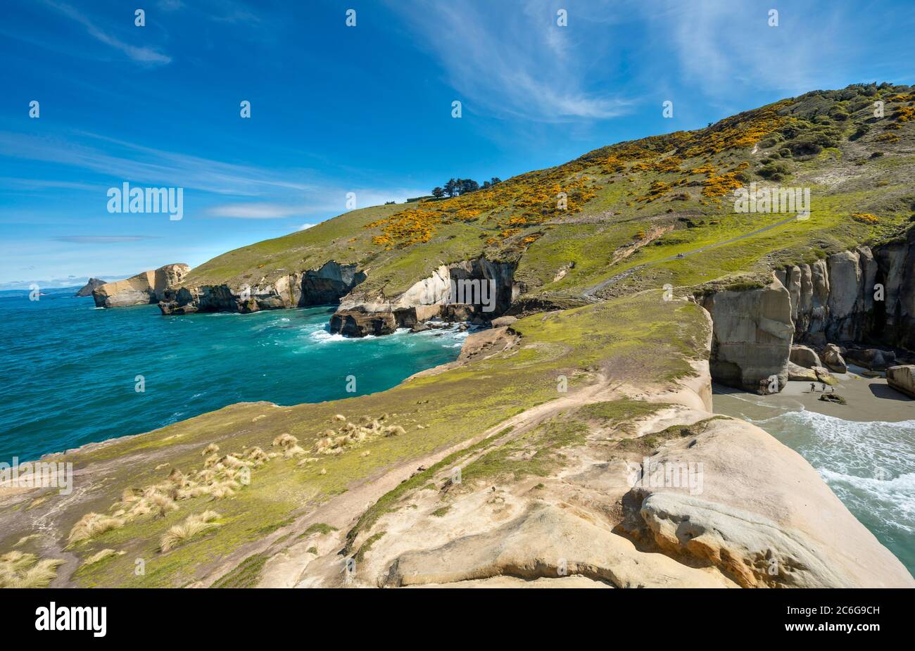 Rocky cliffs of sandstone rocks, Tunnel Beach, Otago, South Island, New Zealand Stock Photo