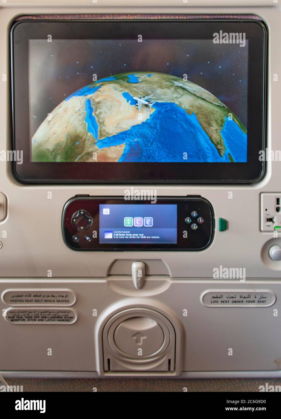 Screen showing the flight position Dubai at seat in aircraft, Emirates airline, interior view, Dubai, United Arab Emirates Stock Photo